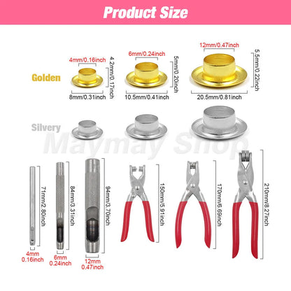 4mm/6mm/12mm Eyelet Grommet Install Plier With 100 Sets Eyelet Metal Hole Ring For DIY Cap Bag Clothes Leathercraft Shoes Bel
