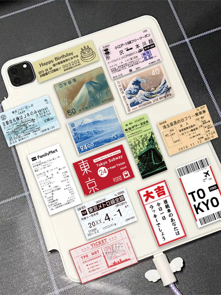 60PCS INS Style Stamp Sticker Japanese Postcard Ticket Stationery Travel Diary Luggage Waterproof Helmet Stickers