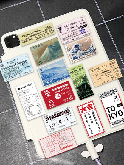 60PCS INS Style Stamp Sticker Japanese Postcard Ticket Stationery Travel Diary Luggage Waterproof Helmet Stickers