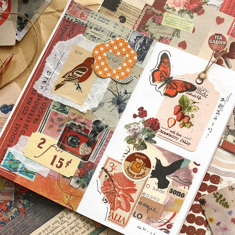 Retro scrapbook supplies, aesthetic diary tool kit, material paper set, simple Instagram style background, handmade DIY mater