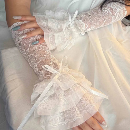 1 Pair Women Lolita Jk Lace Fingerless Gloves Black Gothic Fake Sleeves Trendy Elastic Long Lace Arm Sleeves Clothes Decorati