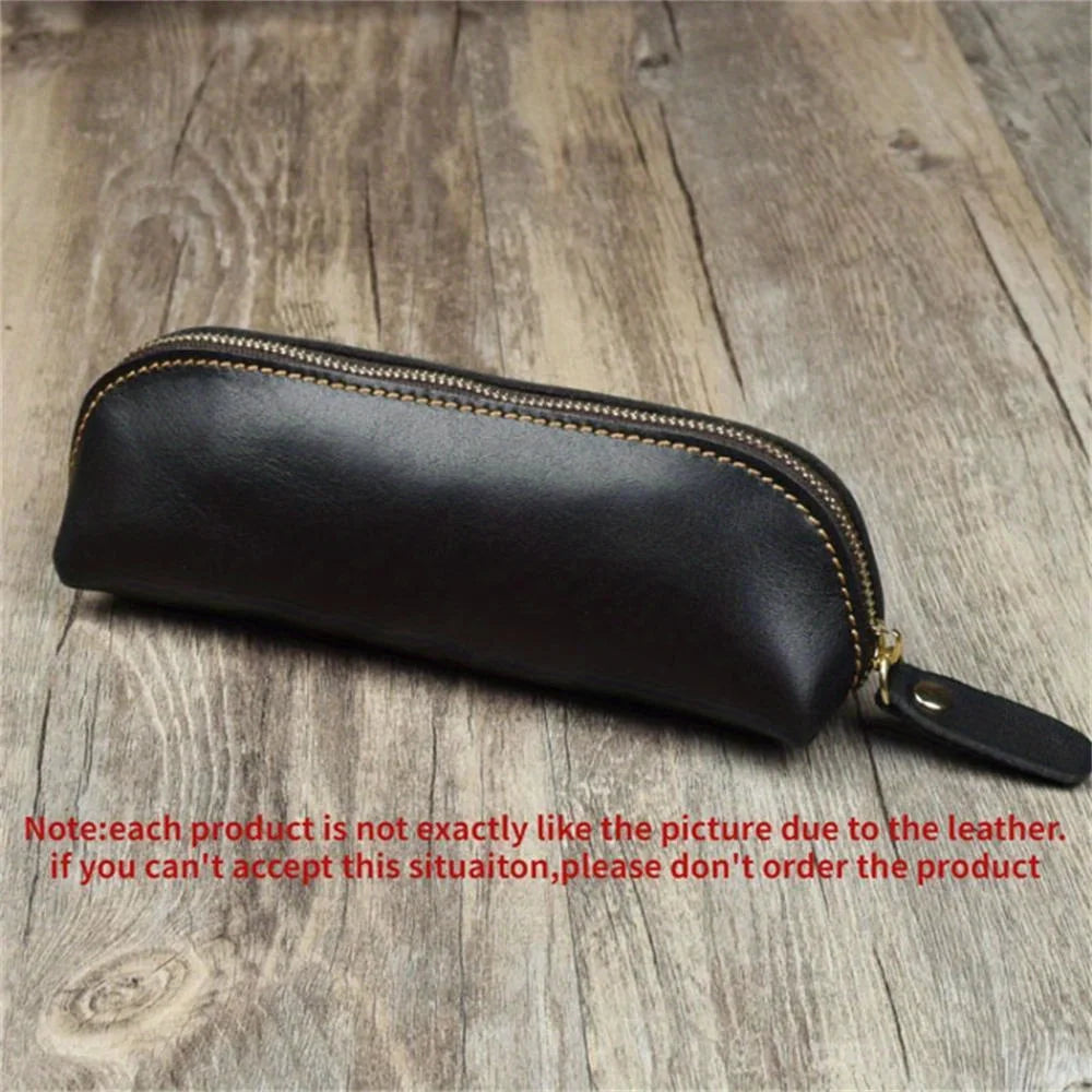 Vintage Leather Pencil Bag Simple Stationery Hoder Pen Case Storage Bag Zipper Pencil Pouch Glasses Box School Supplies - Bla