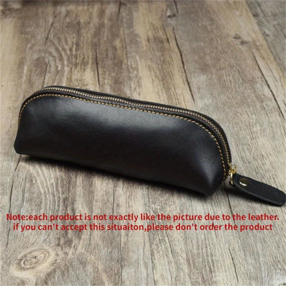 Vintage Leather Pencil Bag Simple Stationery Hoder Pen Case Storage Bag Zipper Pencil Pouch Glasses Box School Supplies - Bla