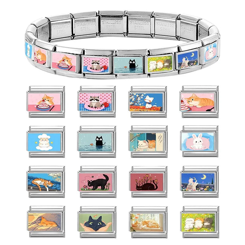 2026 New Women's Gift Cute Cat Looks at the cake Italian Charm Links Beads Fit 9mm Stainless Steel Modular Bracelet Jewelry G