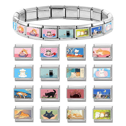2026 New Women's Gift Cute Cat Looks at the cake Italian Charm Links Beads Fit 9mm Stainless Steel Modular Bracelet Jewelry G