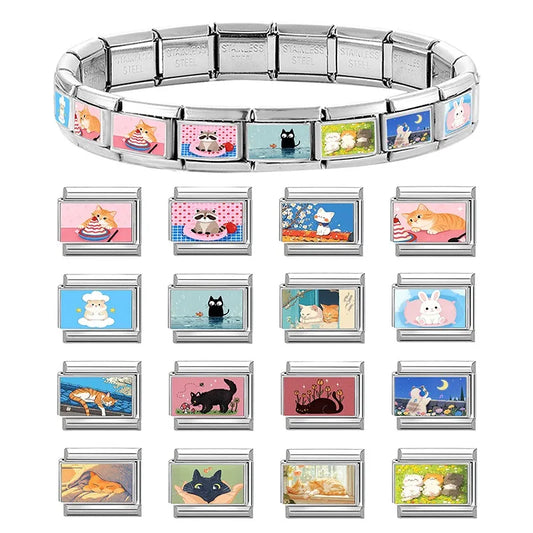 2026 New Women's Gift Cute Cat Looks at the cake Italian Charm Links Beads Fit 9mm Stainless Steel Modular Bracelet Jewelry G