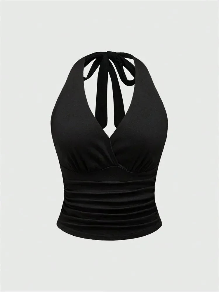 Solid V-neck Backless Halter Crop Top for Women Summer Sexy Y2K Sleeveless Ruched Top Streetwear - black / S