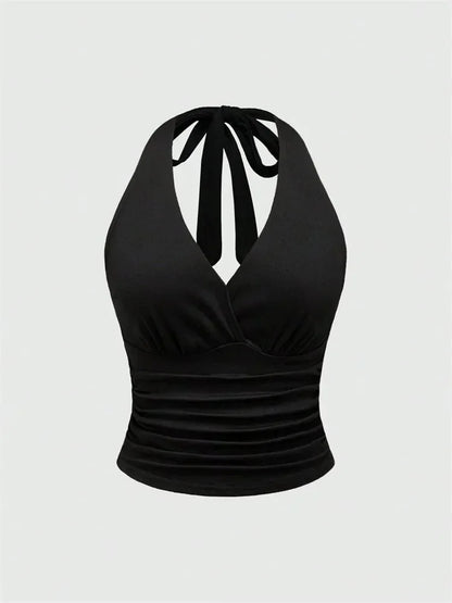 Solid V-neck Backless Halter Crop Top for Women Summer Sexy Y2K Sleeveless Ruched Top Streetwear - black / S