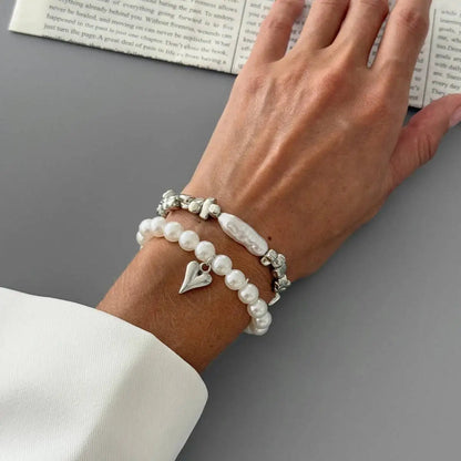 2Pcs/Set Elegant Imitation Pearl Bracelet for Women Bohemian Elastic Rope Chain Bracelet with Heart Pendant Jewelry Gift - Si