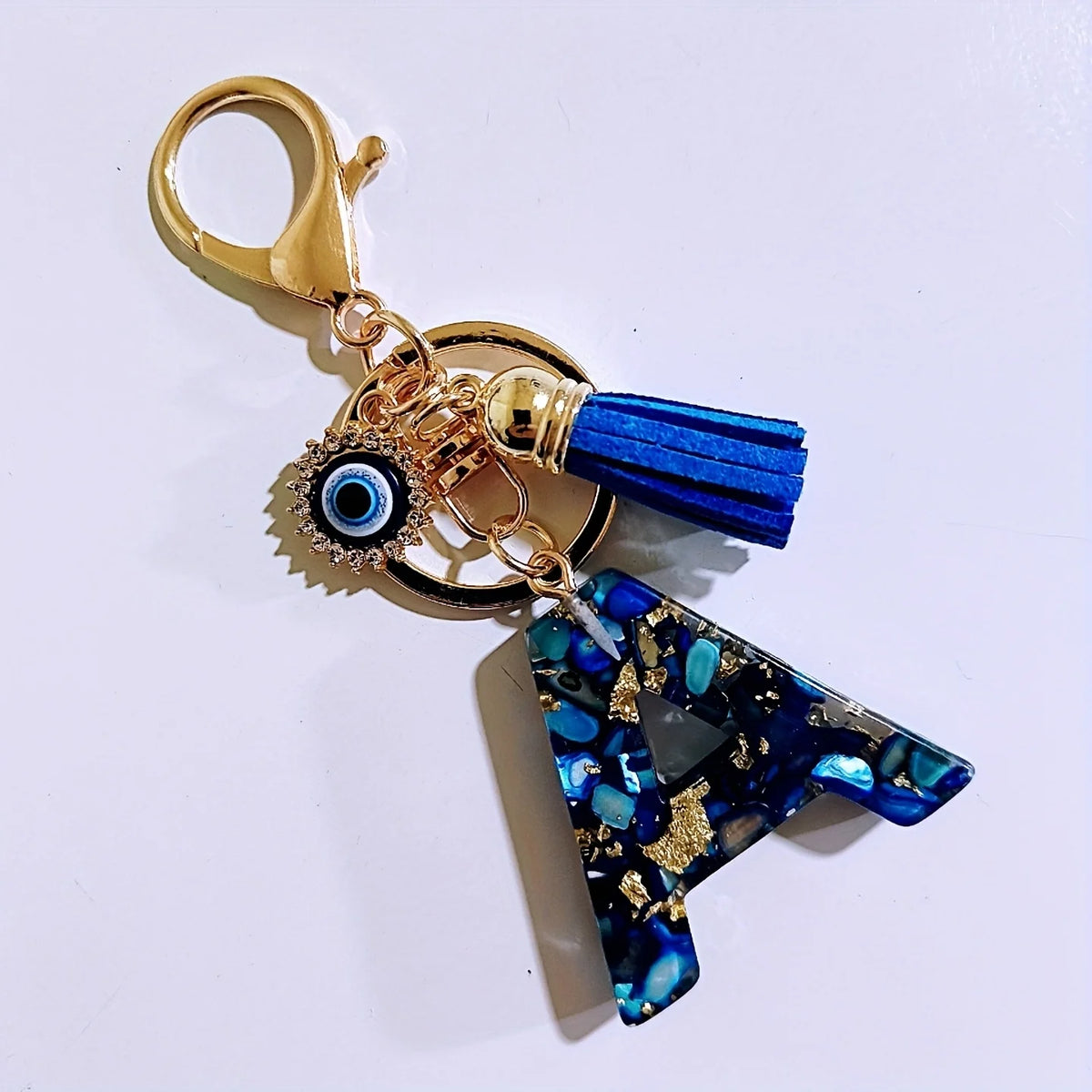 Blue Resin Initial Keychain - Evil Eye Letter Charm with Rhinestones & Tassel, Stylish Gift for Women, Lobster Clasp Accessor