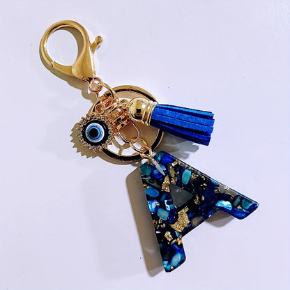 Blue Resin Initial Keychain - Evil Eye Letter Charm with Rhinestones & Tassel, Stylish Gift for Women, Lobster Clasp Accessor