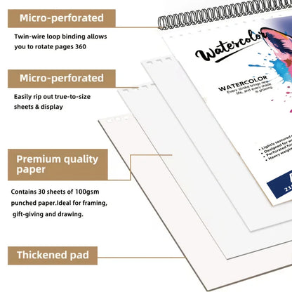 A4 /A5Spiral-Bound Watercolor Pad, 30 Pages, 100gsm Rough Paper, Wolf-Patterned Cover, Acid-Free for Artists & Hobbyists