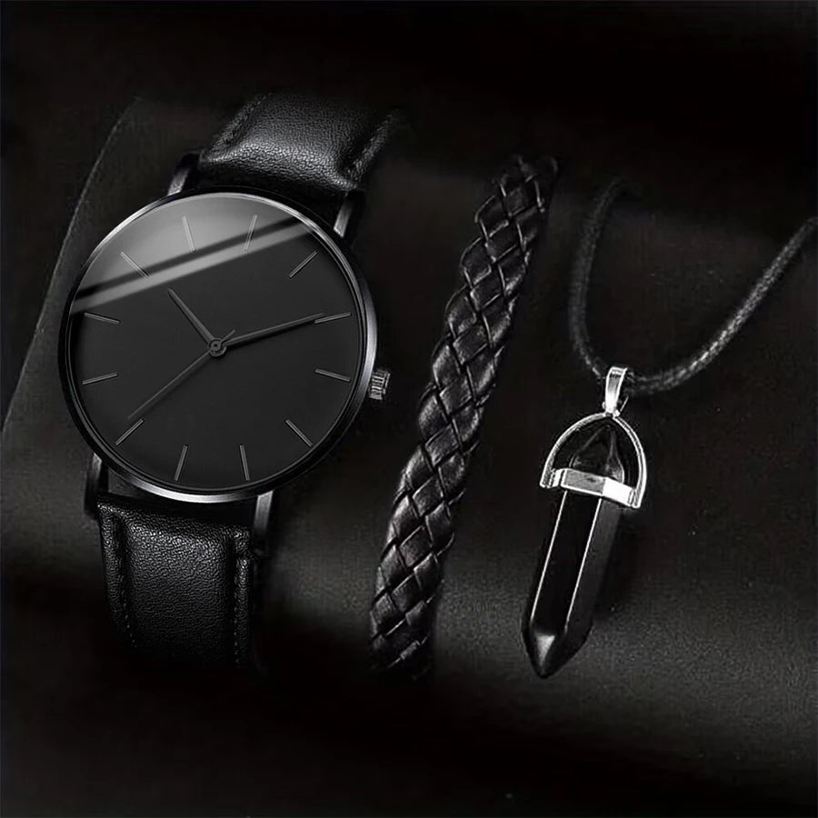 3PCS/Set Men Business Watches Casual Leather Band Analog Male's Quartz Watch Necklace Bracelet Set - A Set No Box