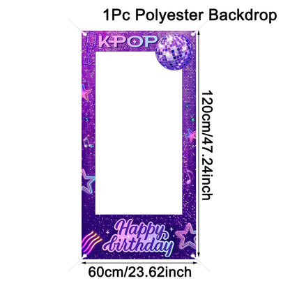 1pc Purple K-POP Photo Frame Backdrop Happy Birthday Pattern Polyester Photo Booth Props for K-POP Theme Birthday Party Suppl