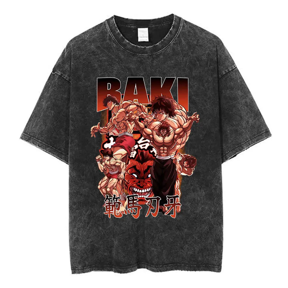 Vintage Washed T Shirt Anime Baki The Grappler T-shirt Hanma Yujiro Gym Short Sleeve T-shirts Oversized Cotton Casual Tee Shi