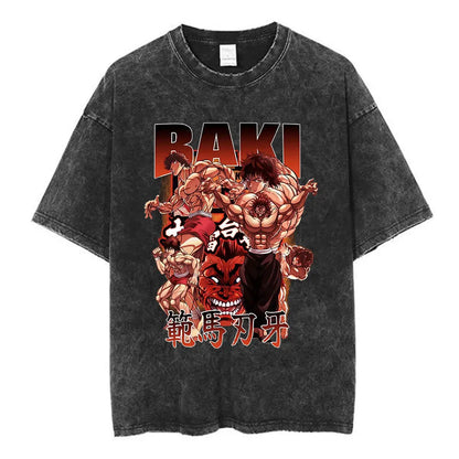 Vintage Washed T Shirt Anime Baki The Grappler T-shirt Hanma Yujiro Gym Short Sleeve T-shirts Oversized Cotton Casual Tee Shi