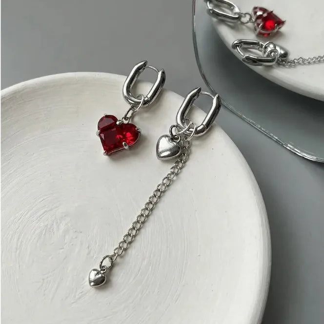 Fashion Tassel Zircon Heart Asymmetric Long Earrings