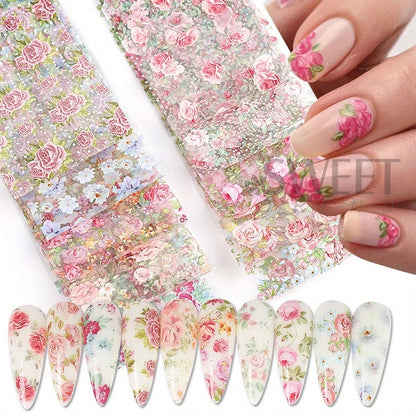 10PCS Mixed Nail Art Foils Transfer Sticker Set Rose Flower Designs Floral Starry Sky Nail Wraps Wedding Summer Manicure Deco