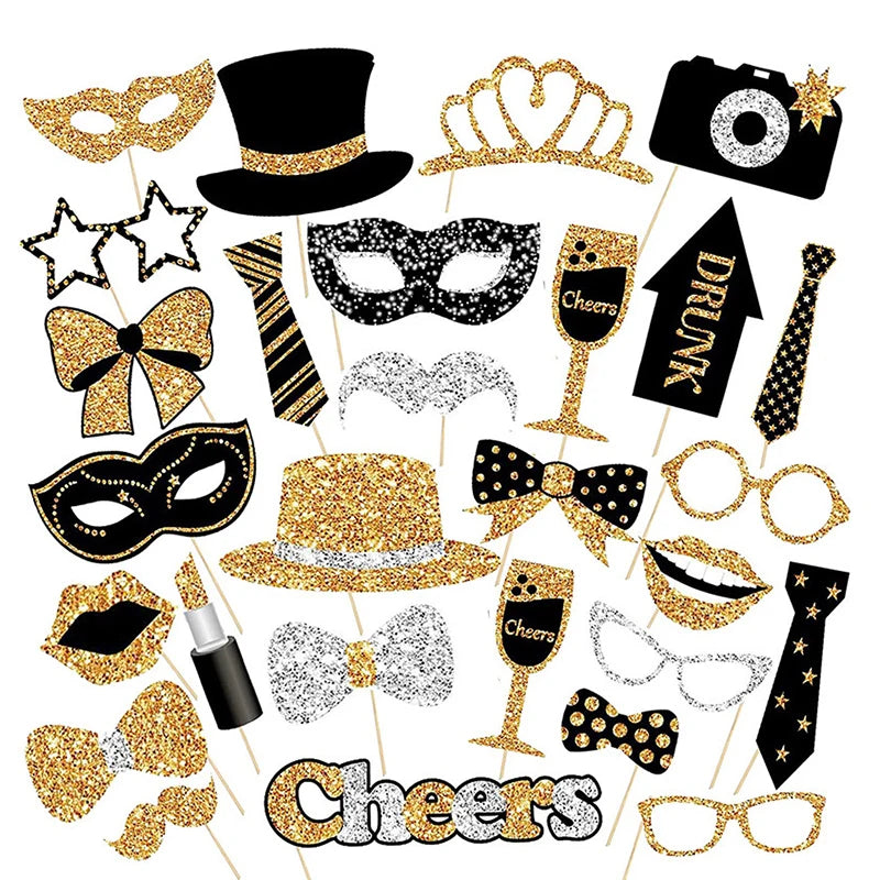 30pcs Black Golden Party Photo Booth Props for Birthday Weddings Graduation Prom New Year Party Supplies Hats Lipstick Tie Cr