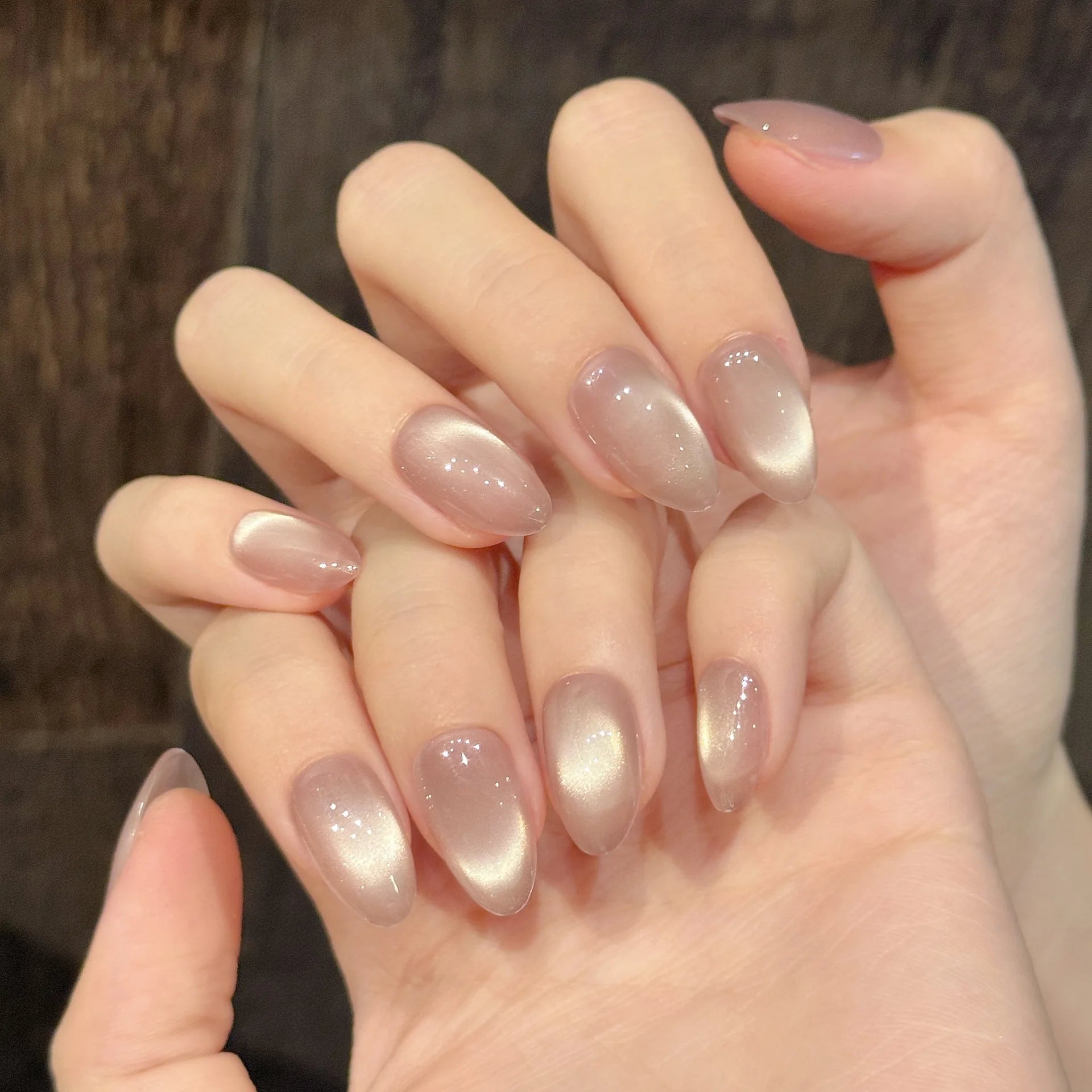 10pcs Handmade Press On Nails Solid Color Glossy Glass Beads Cat's Eye False Nails Full Cover Short Almond Fake Nail For Wome