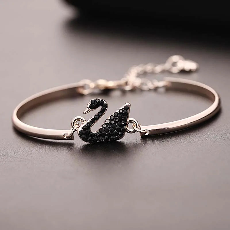 Luxury Zircon Charm Bracelet Jewelry Accessories for Women's Party Gifts Fashion Gold Rose Gold Swan Bangle - Rose Gold Black