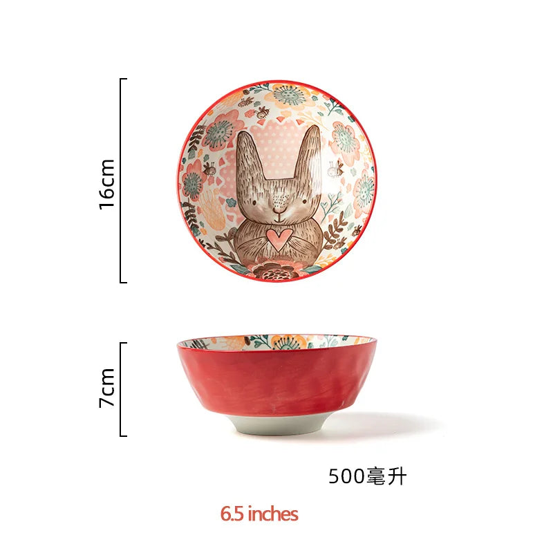 1pc/cute rabbit hand-painted bowl and plate underglaze ceramic household soup bowl commercial hotel noodle bowl fruit salad b