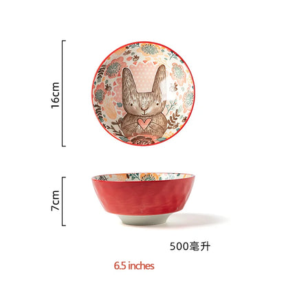 1pc/cute rabbit hand-painted bowl and plate underglaze ceramic household soup bowl commercial hotel noodle bowl fruit salad b