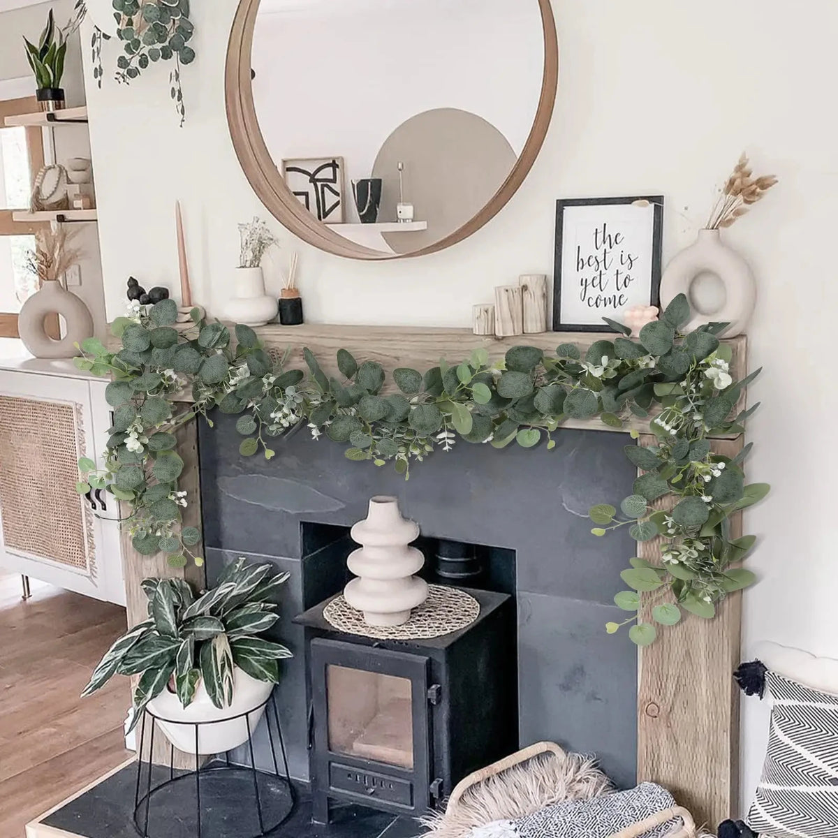 1pc Artificial Eucalyptus Leaves Greenery Garland Faux Plant Spring Vines with White Flowers Berries for Wedding Home Party D