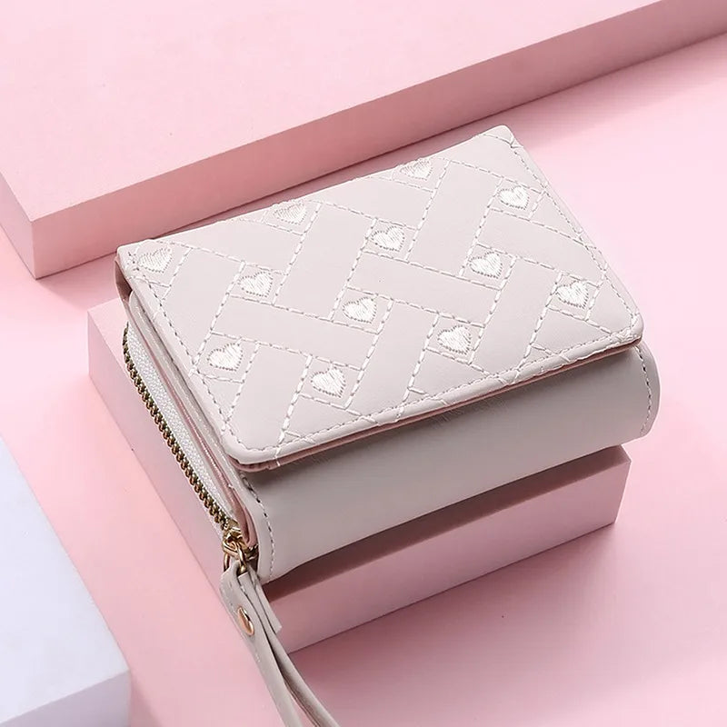 Women's Wallet Tri Fold Card Bag PU Multi Objects Pocket Short Fashion Embroidered Love Pattern Korean Minimalist New 2024 - 