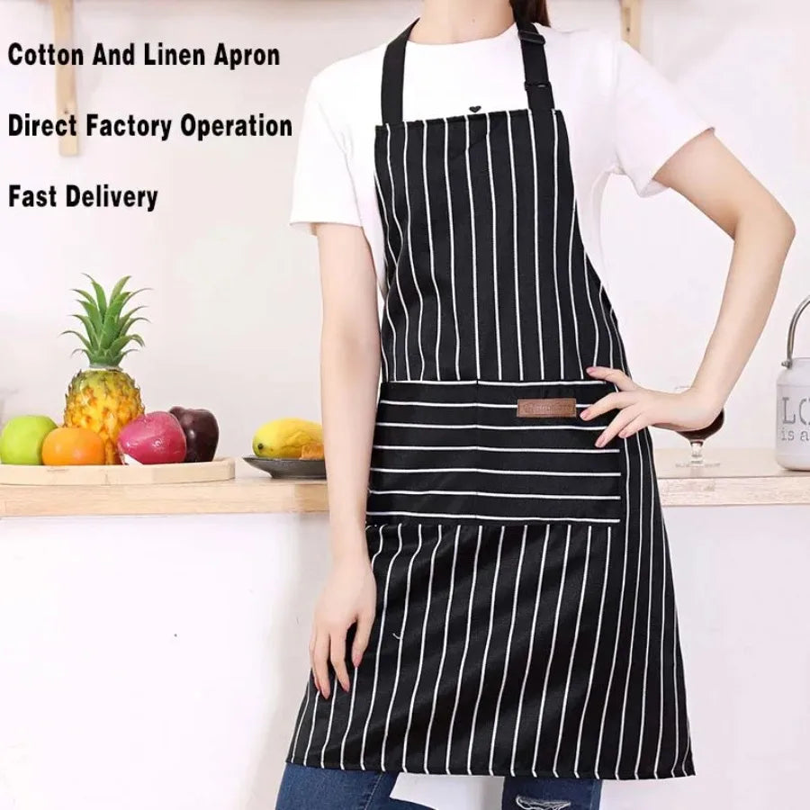 White Black Striped Man Woman Home Restaurant Kitchen Baking Nail Bib Oil Repellent Work Apron 2 Pockets Adjustable Clean Apr