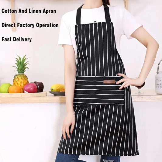 White Black Striped Man Woman Home Restaurant Kitchen Baking Nail Bib Oil Repellent Work Apron 2 Pockets Adjustable Clean Apr