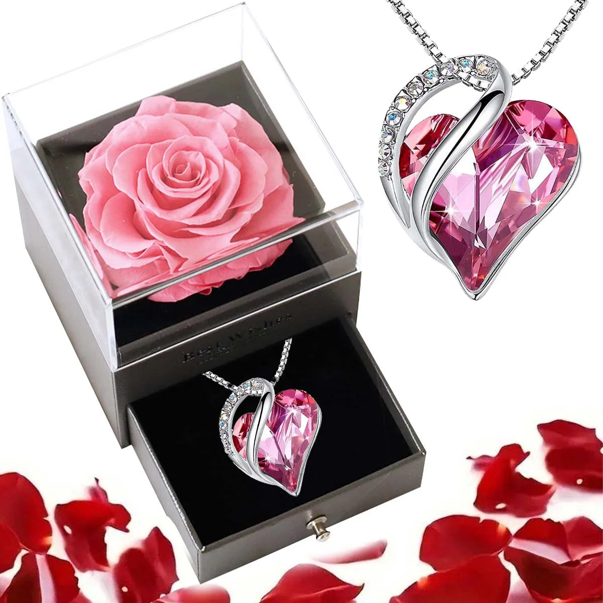 New Valentine's Day Gift Ocean Heart Love Necklace with Eternal Rose Jewelry Box For Girl Mother's Day Gifts - pink set