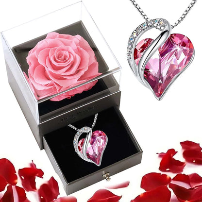 New Valentine's Day Gift Ocean Heart Love Necklace with Eternal Rose Jewelry Box For Girl Mother's Day Gifts - pink set