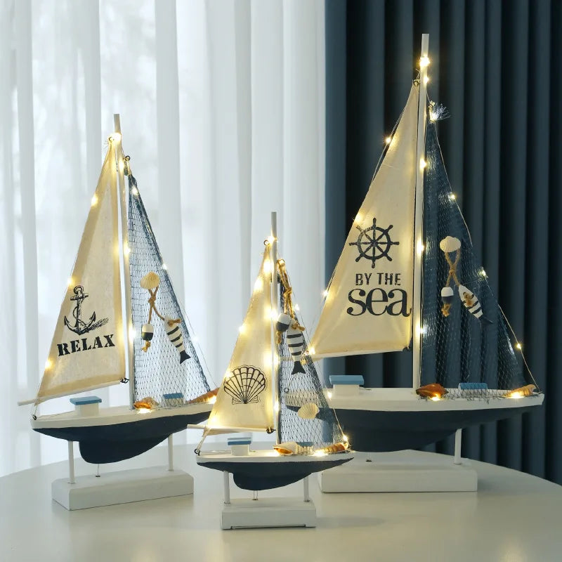 Retro Mediterranean Style Wooden LED Sailing Boat Model Creative Ocean Style Desktop Ornament Crafts Small Boat Home Decor Gi
