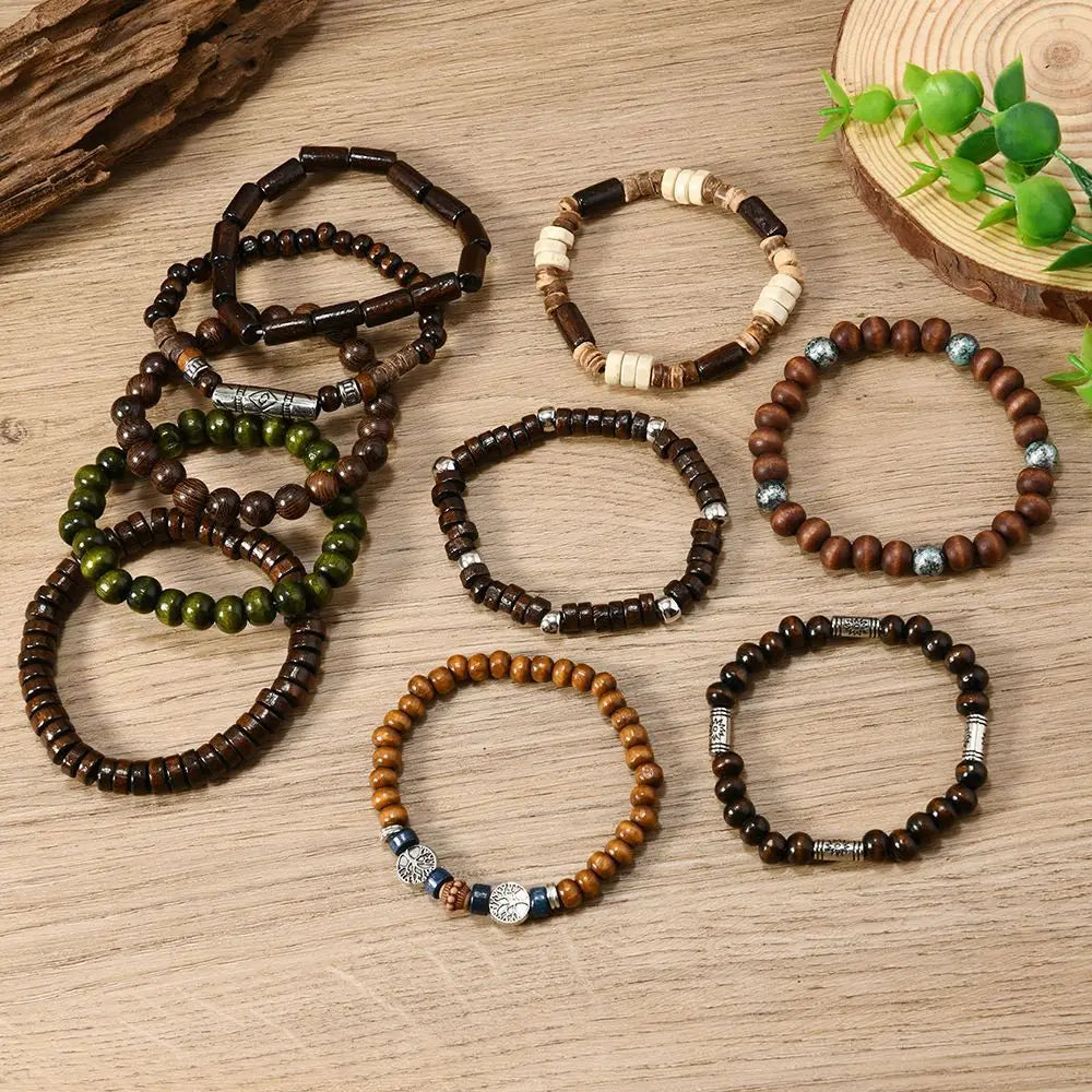 10pcs Bohemia Ethnic Beaded Bracelets For Men Vintage Multi Layer Wooden Beads Life Tree Beaded Bracelets Accessory Gifts Par