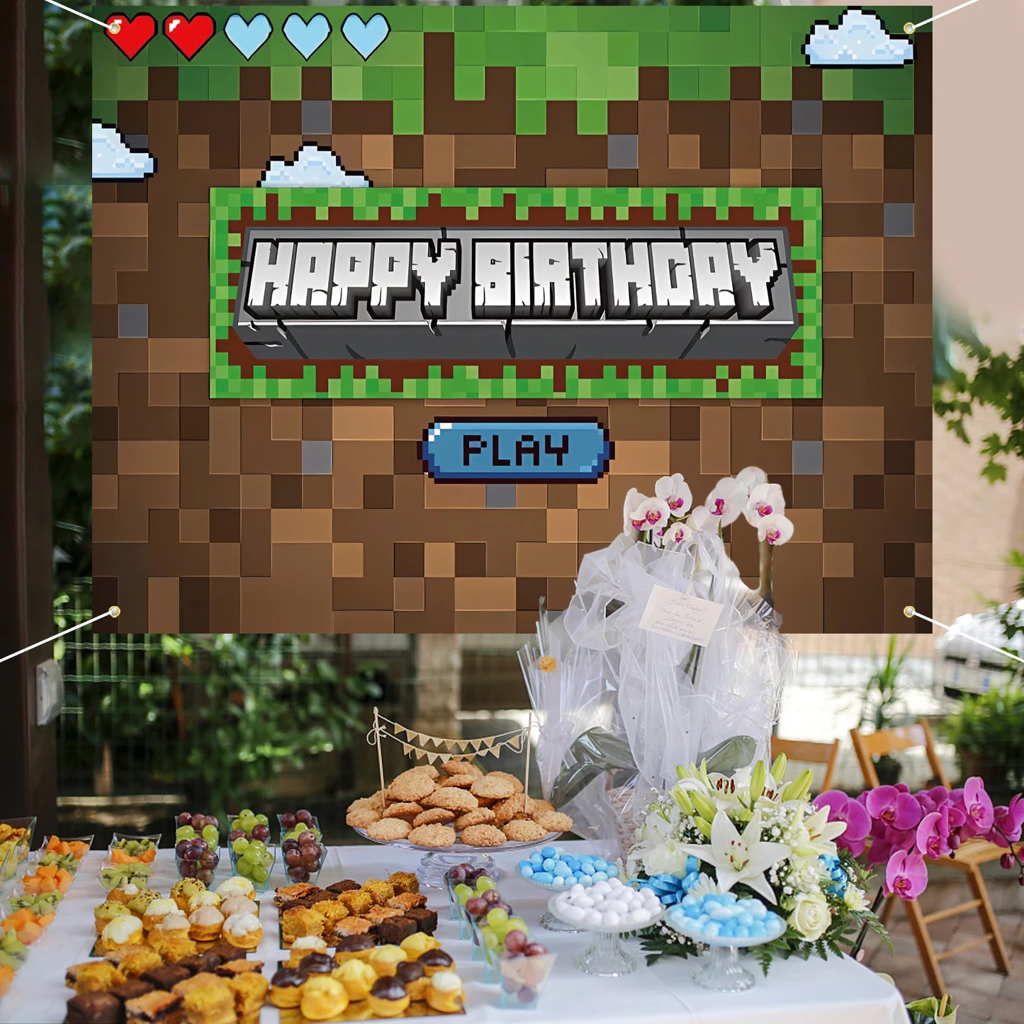 Pixel Backdrop for Happy Birthday Video Game Themed Party Photography Background Mining Party Supplies Pixel Party Decoration