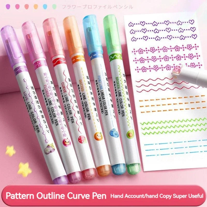 6Pcs/Set Flower Line Shape Highlighter Pen Roller Tip Curve Liner Marker Kawaii Korean Stationery School Office Supplies Gift