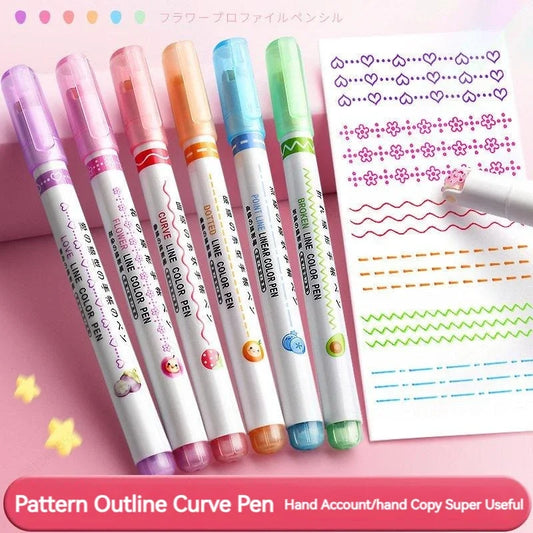 6Pcs/Set Flower Line Shape Highlighter Pen Roller Tip Curve Liner Marker Kawaii Korean Stationery School Office Supplies Gift