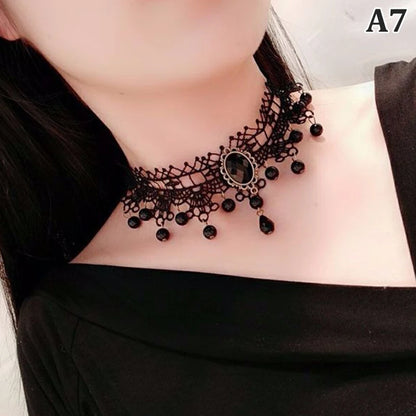 New Sexy Gothic Chokers Crystal Black Lace Neck Choker Necklace Vintage Victorian Women Chocker Steampunk Jewelry - A7