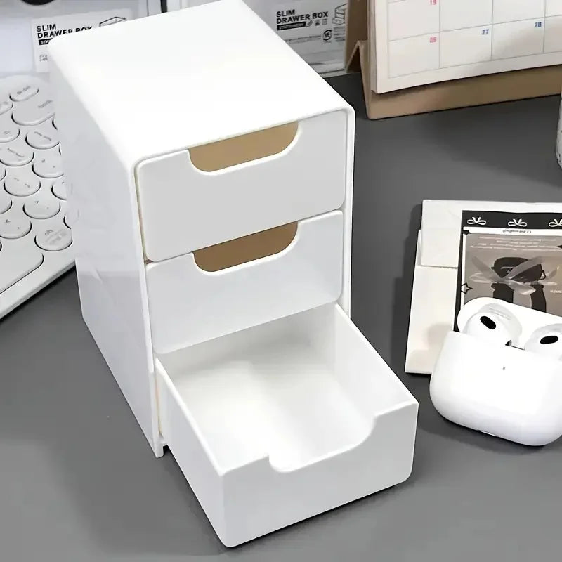 3-Tier Plastic Cosmetic Storage Box Organizer with Drawers Multifunctional Countertop Storage for Jewelry Office Supplies - W