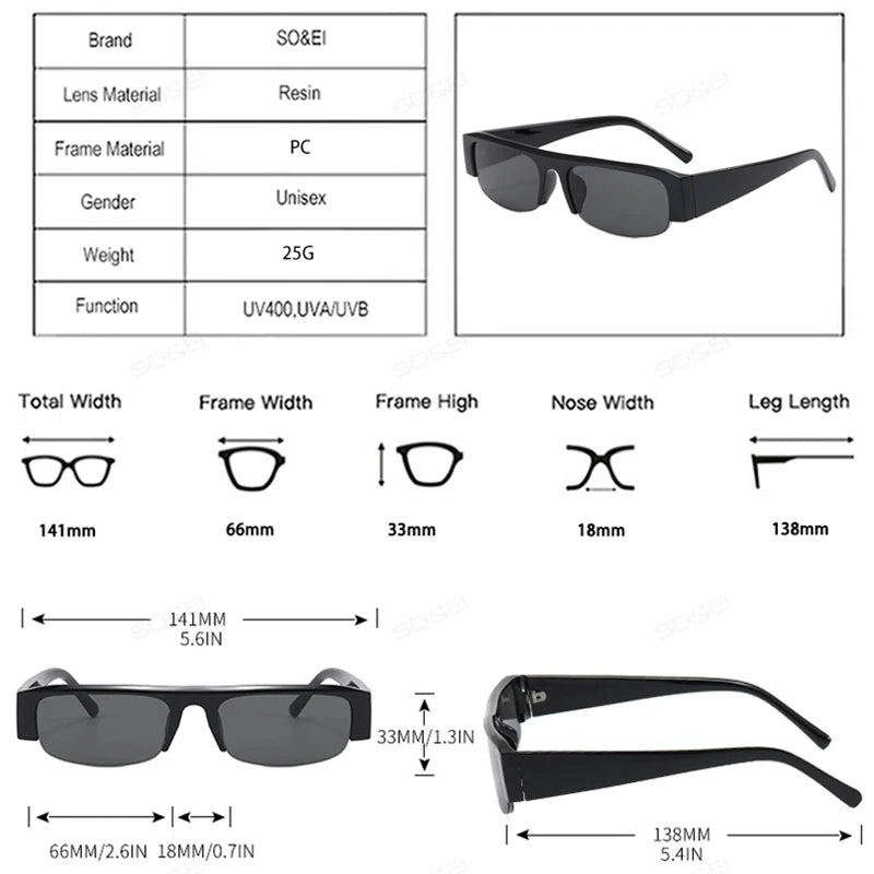 SO&EI New Small Rectangle Women Sunglasses Vintage Clear Lens Men Half Frame Eyewear Shades UV400