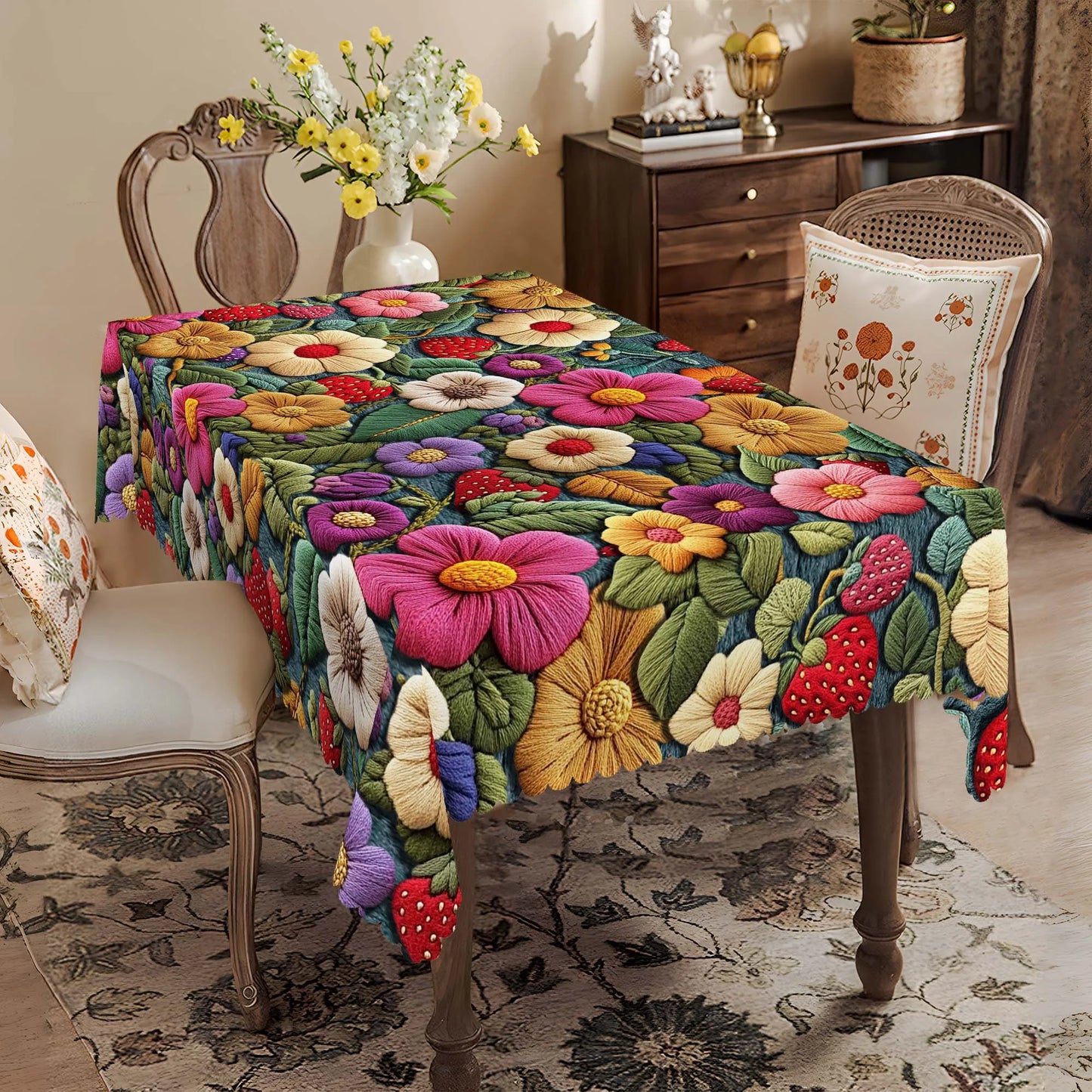 1 Piece of Spring Floral Print Tablecloth, Colorful Flowers, Strawberry Pattern, Embossed Edge Craftsmanship, Available in Ro
