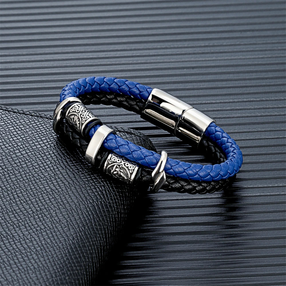Vintage Vikings Compass Multilayer Genuine Leather Bracelet Men Stainless Steel Norse Runes Valknut Bangle Scandinavian Jewel