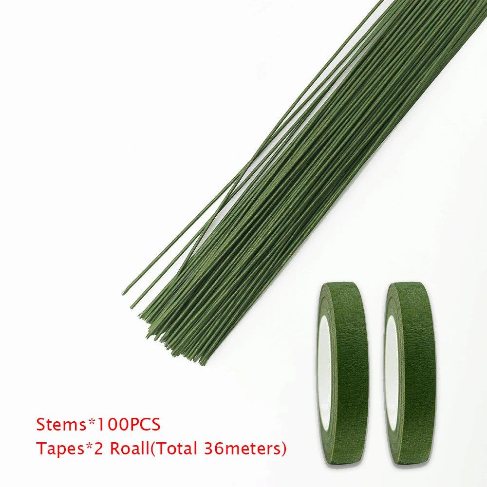 Green Flower Stem Sticks DIY Floral Material Handmade Wire Stems Floriculture Tape Self-adhesive Bouquet Floral Stem Paper Ta