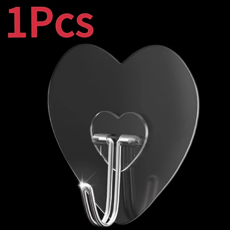 Heart Shape Transparent Hooks Non Punching Plastic Love Hangers Holder Self Adhesive Key Towel Multi-Purpose Hooks Storage Ra