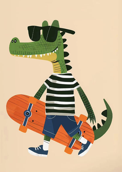 Minimalist Cute Skateboard Animal Wall Art Dog, Lion, Crocodile, Tiger, Bear, and Car Canvas Print Home Decor for Kids' Rooms
