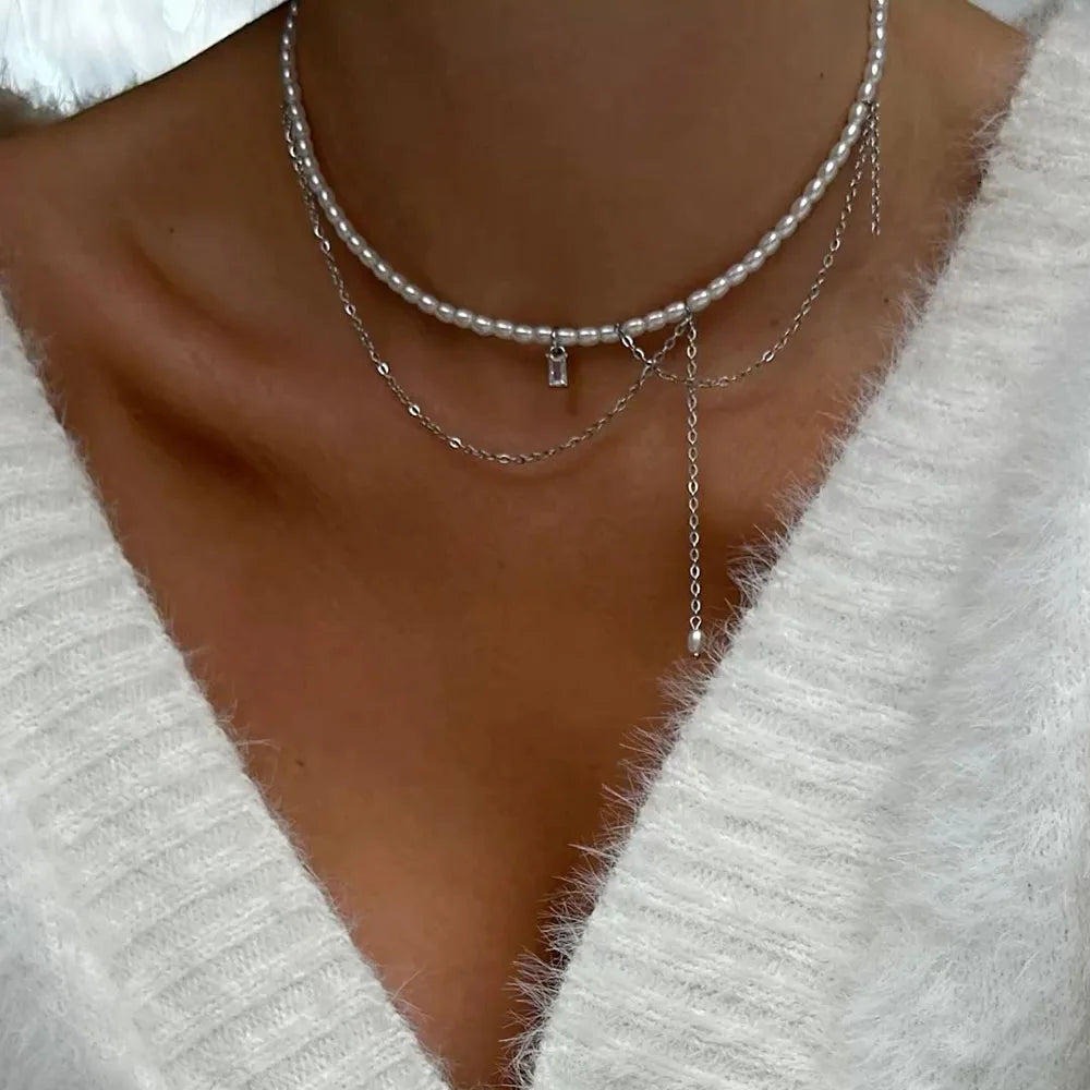 Fashion Tassel Chain Pendant Necklace For Women Boho Transparent Crystal & Imitation Pearl Chain Jewelry Valentine's Gift N05