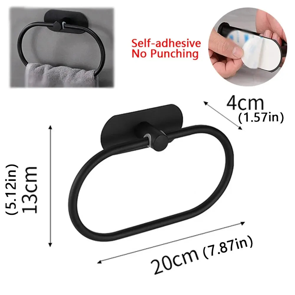 Stainless Steel Towel Holder Self-adhesive Bathroom Towels Rack Black Washhand Hanger Ring Rail Bar Kitchen Storage Accessori