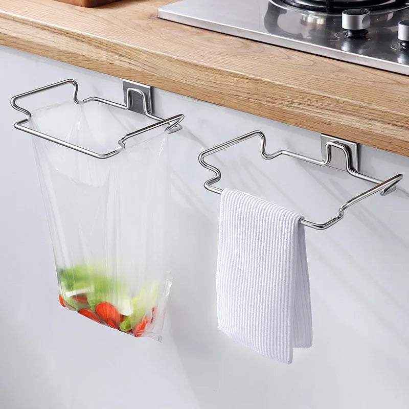 Kitchen Non Perforated Stainless Steel Garbage Rack With Hanging Bracket, Cabinet Door With Cloth And Garbage Bag Storage Rac