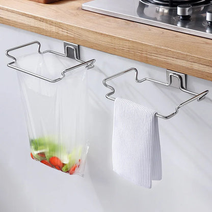 Kitchen Non Perforated Stainless Steel Garbage Rack With Hanging Bracket, Cabinet Door With Cloth And Garbage Bag Storage Rac